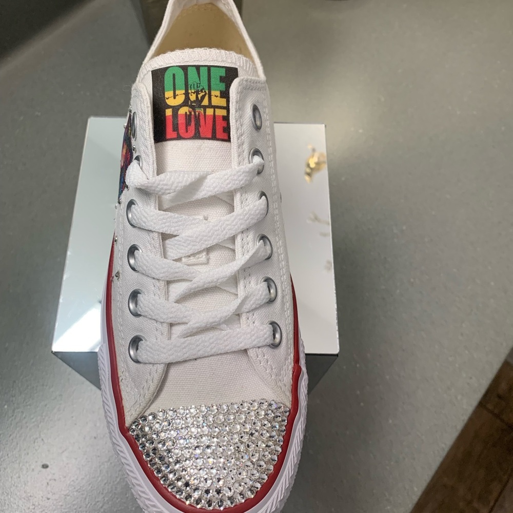 Converse White Sneakers with Rhinestone Toe and Rainbow Detail